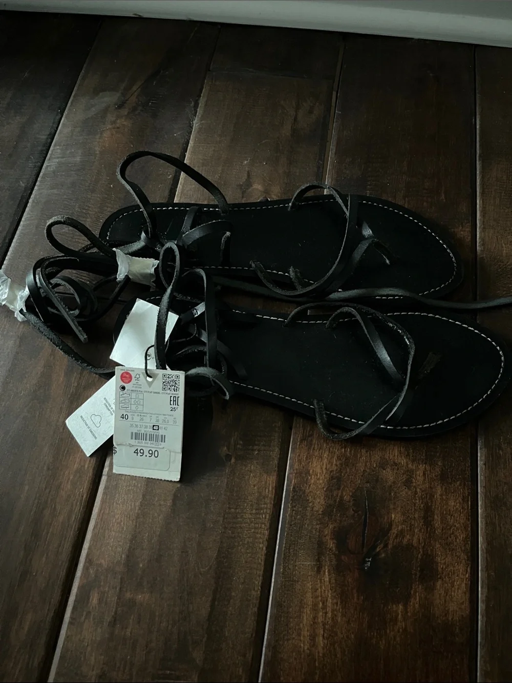 Zara Black Tie-Up Flat Sandals - Women